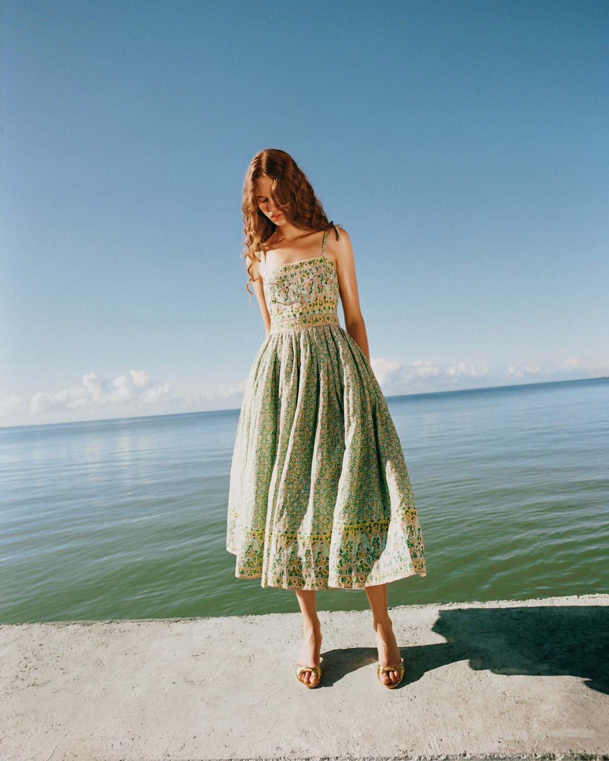 Dixie Gold Leather Kitten Heel in gold metallic leather and Gaia Dress in mint and yellow floral cotton ramie.