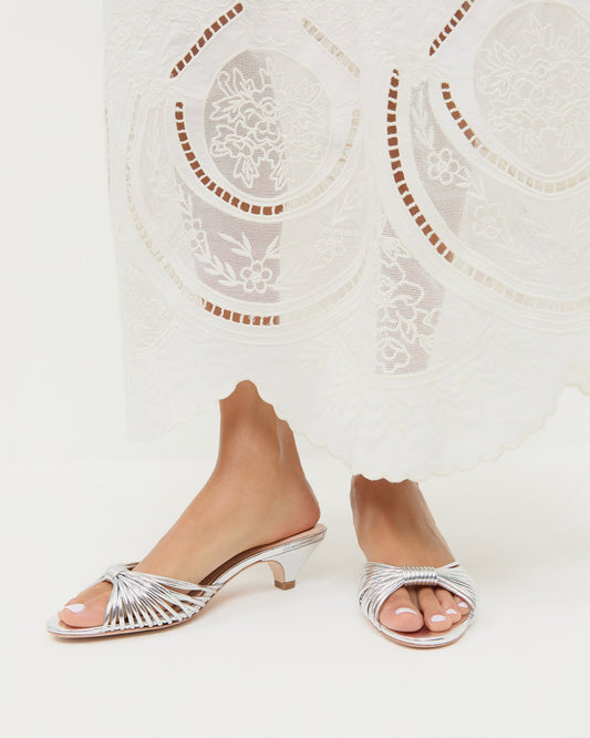 Dixie Silver Leather Kitten Heel in silver metallic leather.