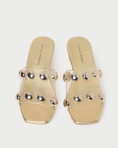 Enya Gold/Champagne Studded Wedge in gold leather.