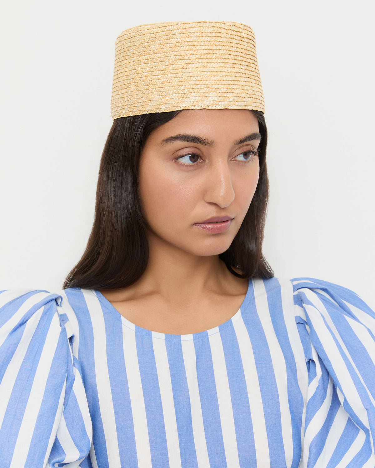 Jackie Natural Hat in natural straw and Willy Mini Dress in blue striped cotton.