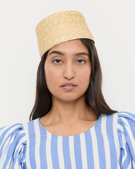 Jackie Natural Hat in natural straw and Willy Mini Dress in blue striped cotton.