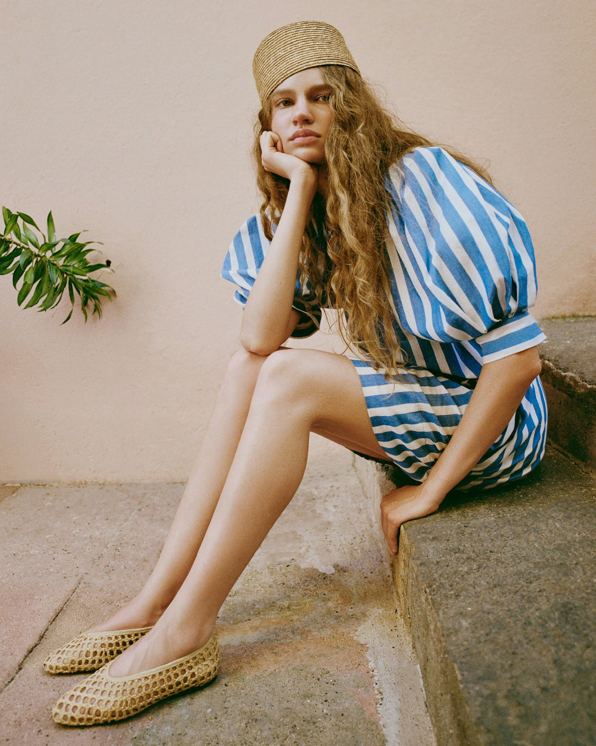 Jackie Natural Hat in natural straw, Willy Mini Dress in blue striped cotton, and Emery Natural Ballet Flat.