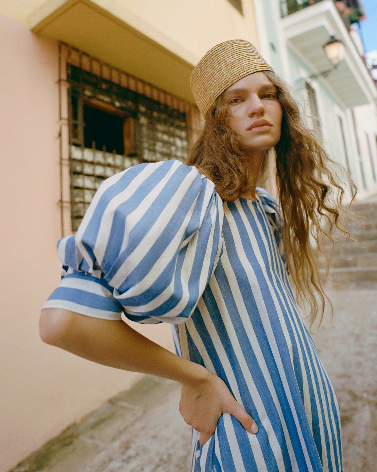Jackie Natural Hat in natural straw and Willy Mini Dress in blue striped cotton.