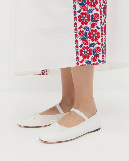 Leonie Ivory Leather Ballet Flat in ivory cream leather and Lotus Embroidered Dress in red and blue floral.
