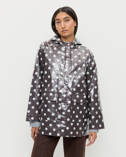 Misty Rain Jacket in brown and cream polka dot cotton, and Molly Workwear Jean in dark brown denim.