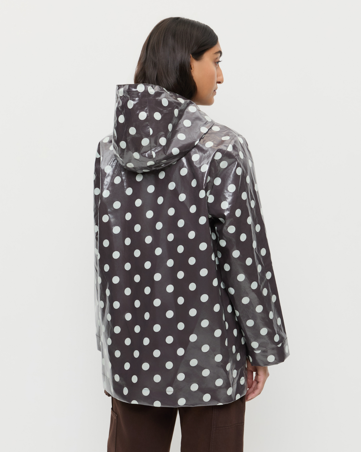Misty Rain Jacket in brown and cream polka dot cotton, and Molly Workwear Jean in dark brown denim.