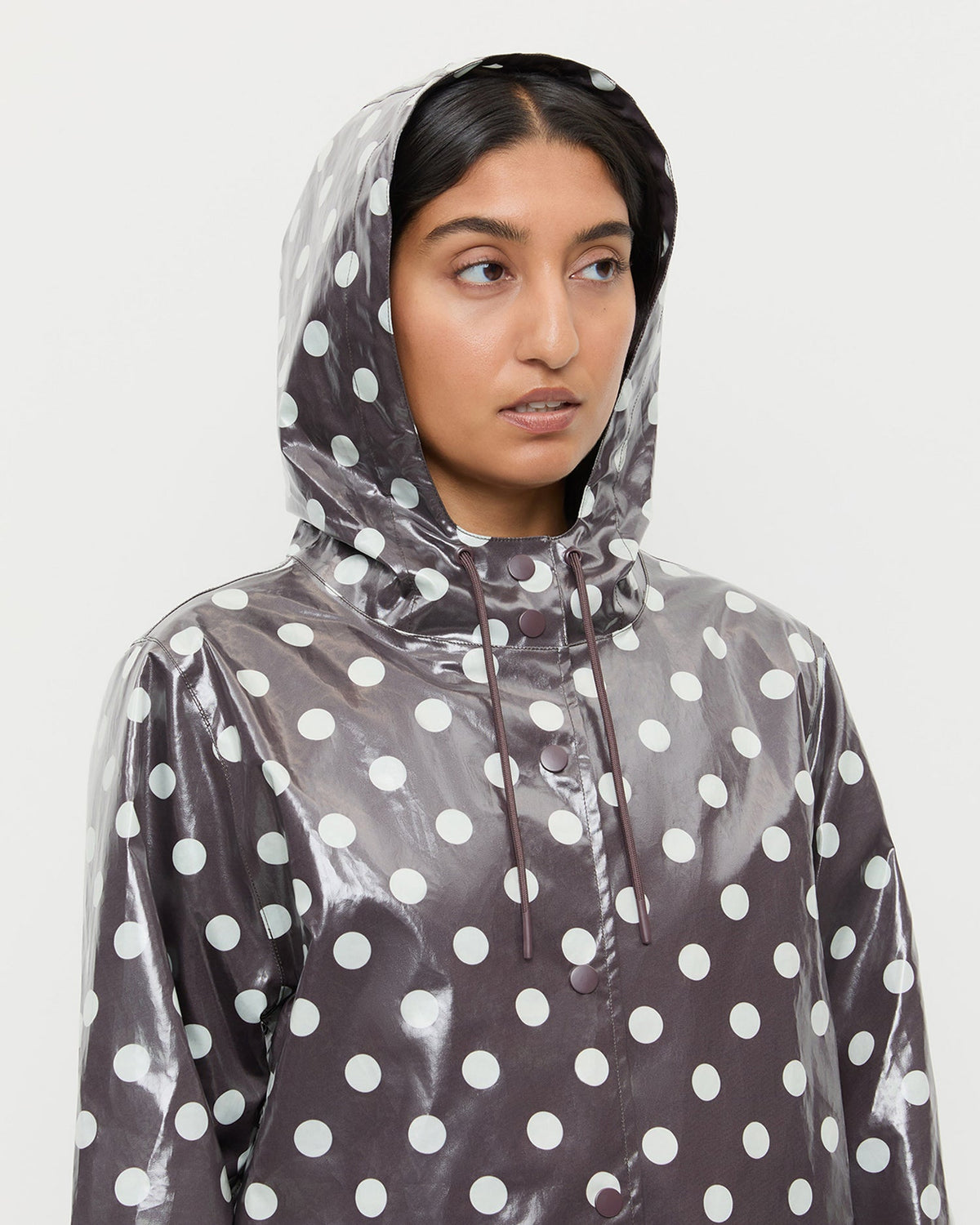 Misty Rain Jacket in brown and cream polka dot cotton.