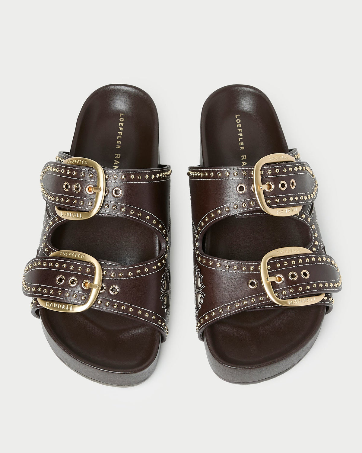 Nell Brown/Butter Two-Band Sandal with butter yellow tulip details and studded accents.