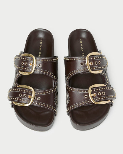 Nell Brown/Butter Two-Band Sandal with butter yellow tulip details and studded accents.