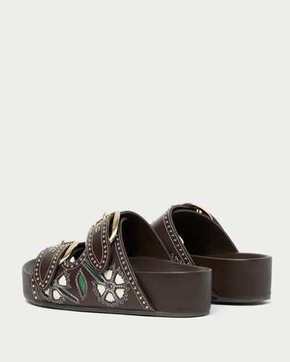 Nell Brown/Butter Two-Band Sandal with butter yellow tulip details and studded accents.